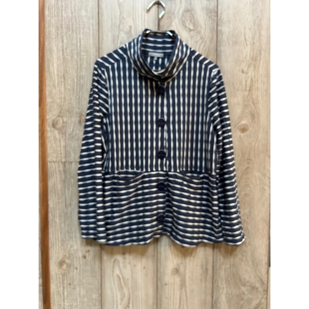 # Habitat Navy and White Striped Button-Front Funnel-neck Top - Picture 2 of 7